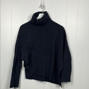All Saints Womens Tneck Wool Sweater M Navy/Charcoal Side Slits Unique Design